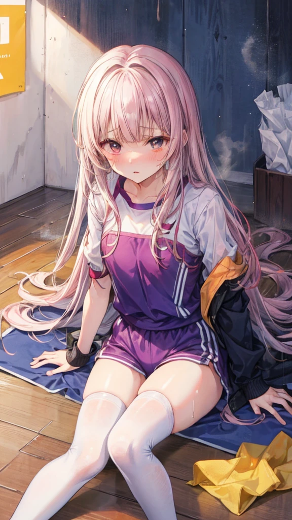 The whole body is covered in oilで光沢感がある A large amount of rolled up tissue paper, There are lots of crumpled, dirty tissues on the ground, Excessive sweat on the face,Sweat dripping down,Sitting on a dirty bed, Dirty futon with golden yellow stains Dirty old gym mat ,Gymnasium Warehouse, Lots of rolled up tissue paper on the floor , Garbage is scattered everywhere, Very dirty gym mat, Messy room, Scared I am going to cry Embarrassing Dimly lit room Hardwood Floors Scattered rolled tissue paper White gym wear, Blue Sleeves Blue Bloomers high school student Illustration Style Anime Style Small lips Frightened face Baby Face beautiful girl Very cute clothes Cheeks pink Light purple hair Blonde long hair super curly hair Super long sideburns Rubber clothing hair band Wet and see-through pearl white silk tights White super long boots Big eyes Droopy eyes Stern expression Shocking Pink Rouge Sweating profusely Crushed tissue paper The whole body is wet from rain Mucus clings to the whole body Steam is emitted from the whole body Steam rising across the screen. White Breath Sigh The whole body is covered in oil evening Overall orange background Sunset sunshine