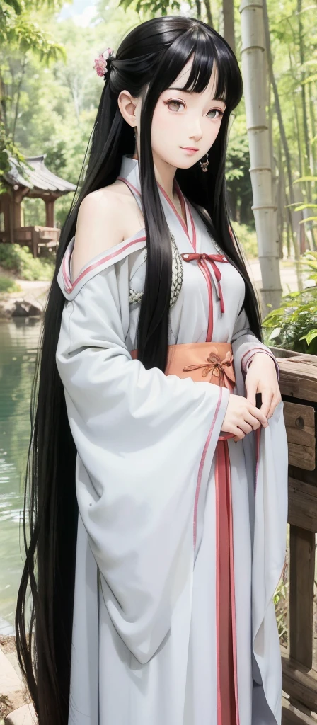 masterpiece, best quality, official art, 8k wallpaper, highly detailed, illustration, 1 girl, Azure hair, long hair, detailed eyes, forrest, bare shoulders, hanfu,lakes, pure, soft smile,bamboo,Tea