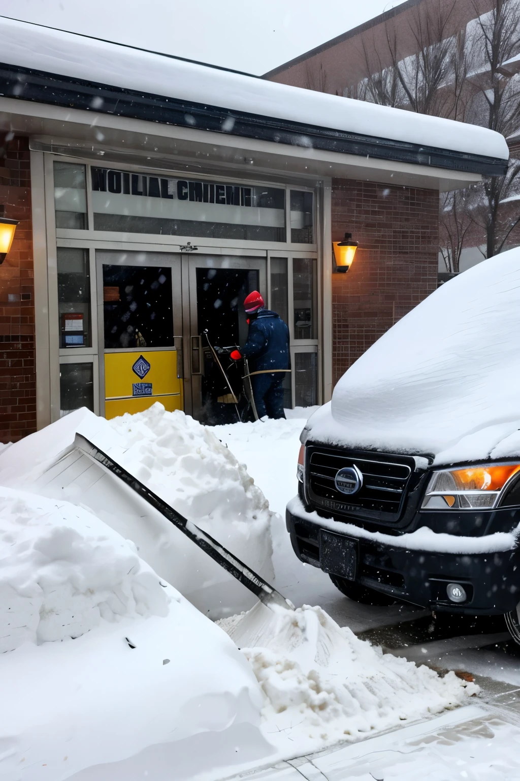 Show masked robbers using shovels and snow blowers to break into a bank. Others are opening the safe with explosives. Snow piled up around, falling flakes. Police cars with flashing lights approaching in the background.