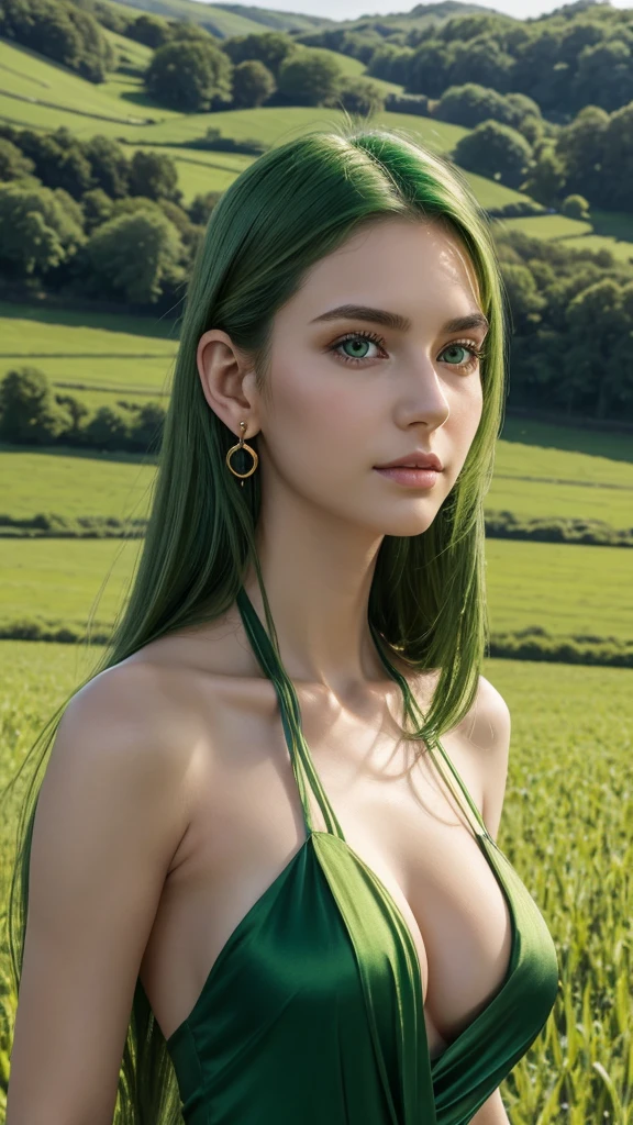 portrait, a European woman, Extremely detailed face, Oval face, White skin, green eyes, gentle eyes, extremely attractive appearance, long hair, straight hairstyle, green hair color, earring, collarbones, exposing shoulders, green silk halter dress, big breasts, big body , Charming expressions , Elegant standing posture, in green fields
