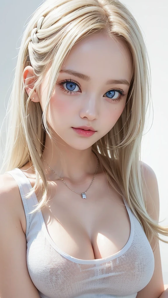 (((White Blonde、forehead、White background、Tank top))), bright, Refreshing and gentle look, Perfect beautiful face、White Blondeのロングヘア,Beautiful and shiny hair, Very beautiful girl, eyeliner, So perfect and beautiful、Lovely large, clear, sky-blue eyes,Very large breasts,Random pose