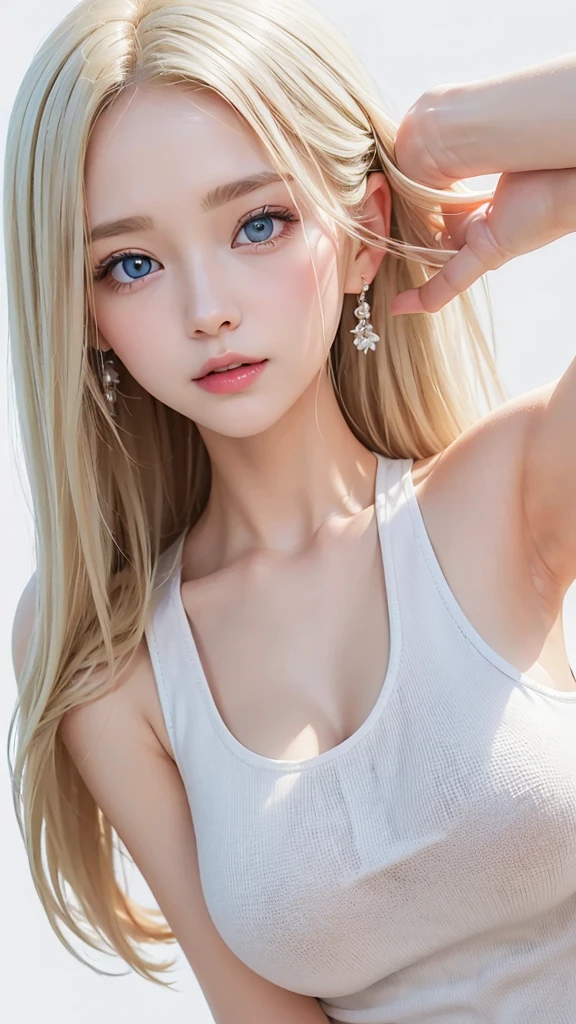(((White Blonde、forehead、White background、Tank top))), bright, Refreshing and gentle look, Perfect beautiful face、White Blondeのロングヘア，Beautiful and shiny hair, Very beautiful girl, eyeliner, So perfect and beautiful、Lovely large, clear, sky-blue eyes，Very large breasts，Random pose