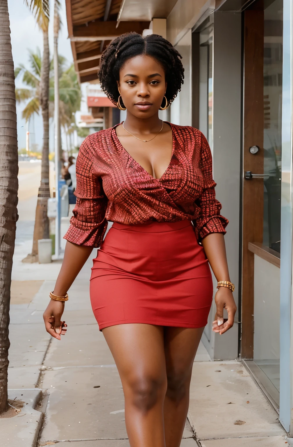 Create a realistic depiction of an African lady who is smartly dressed in modern clothes that are chic, flirty, sexy and respectable . Her outfit should prominently feature red color . She should have a very thick build and appear realistic." She should be standing in a beach posing confidently for the camera