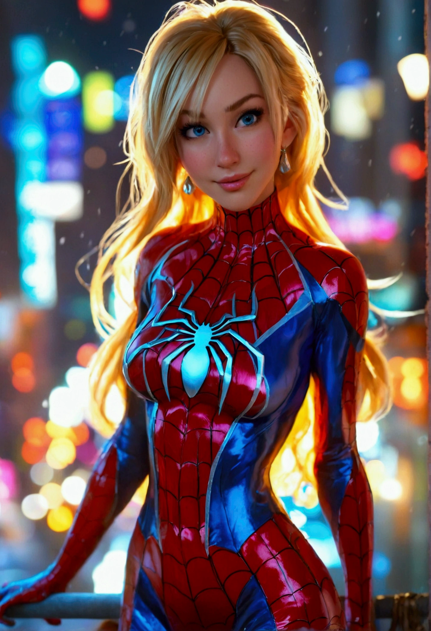 ultra realistic 8k cg, masterpiece, ((ultra detailed background, intricate detail, highly detailed, fine details best quality, hyperdetailed face)), gigantic breasts ,beautiful lighting, absurdres, BoaHancockV2, 1girl, solo, blonde hair, long hair, jewelry, closed mouth, ), (Spider-gwen costume, curvy, shiny clothes), blue eyes, complex detailed background, outside, standing on top of buildings at night), ((cowboy shot)), curvy, (gigantic breasts: 1.1), seductive smile, cowboy shot, curvy ass, big butt, bubble butt,