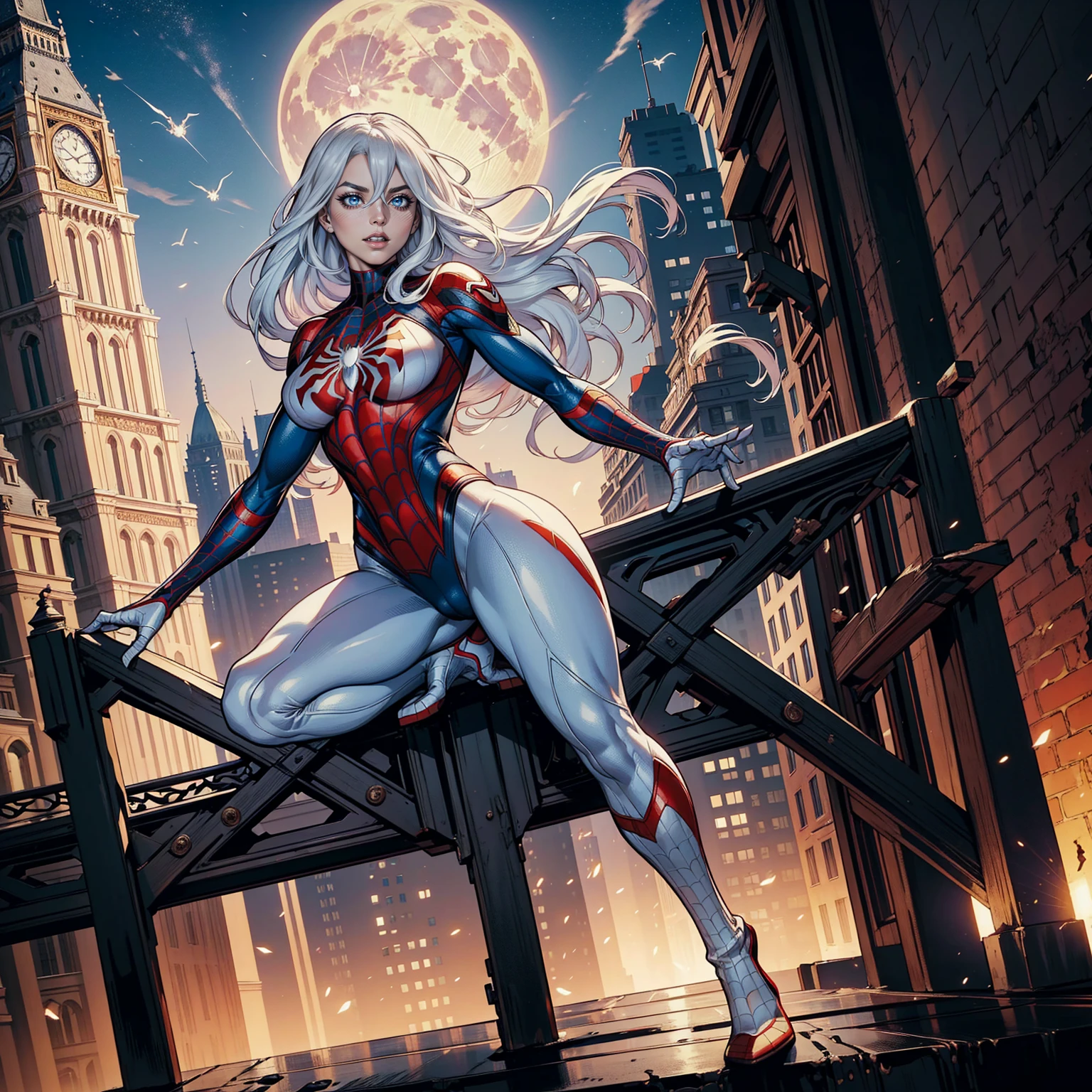 Masterpiece, Professional,  High Definition - quality, sharp focus, perfect artwork, Best Illustration,  trending on artstation, UHD, 4k, full body, NSFW
Margot Robbie (Masterpiece, 4k resolution, ultra-realistic, very detailed), (White superhero theme, charismatic, there's a girl at the top of town, wearing Spider-Man costume, she's a superhero), [ (25 years), (long white hair:1.2), full body, (blue eyes:1.2), ((Spider-Man pose),show of strength, jumping from one building to another), ((sandy urban environment):0.8)| (cityscape, at night, dynamic lights), (full moon))] # Explanation: The Prompt mainly describes a 4K painting of ultra-high definition, very realistic, very detailed. It shows a superheroine at the top of the city, wearing a Spider-Man costume. The theme in the painting is a white superhero theme, the female protagonist has long white hair, is 25 years old and her entire body is shown in the painting. In terms of portraying the actions of superheroines, spiders are employed
