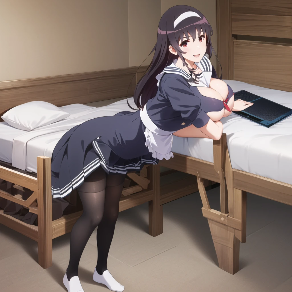 (((Pixel Perfect, Perfect in every detail,nsfw,,clothes lift,large breasts,light smile,dpubic hair,alon,solo focus,clothes lift,1 girl,black thigh-high socks))((((bed room,maid)))),masterpiece, highest quality, High resolution, morning, Long Hair, Black Hair, hair band, , Sailor collar, Blue Blazer, Long sleeve, Pleated skirt, Blue Skirt, Black Pantyhose, Put your arms behind your back, standing, smile, Open your mouth, Leaning forward,