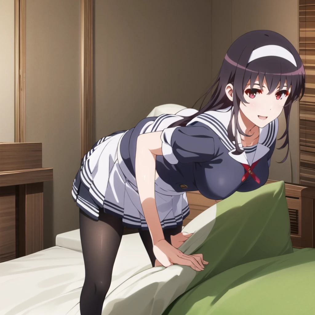 (((Pixel Perfect, Perfect in every detail,nsfw,,clothes lift,large breasts,light smile,dpubic hair,alon,solo focus,clothes lift,1 girl,black thigh-high socks))((((bed room,maid)))),masterpiece, highest quality, High resolution, morning, Long Hair, Black Hair, hair band, , Sailor collar, Blue Blazer, Long sleeve, Pleated skirt, Blue Skirt, Black Pantyhose, Put your arms behind your back, standing, smile, Open your mouth, Leaning forward,