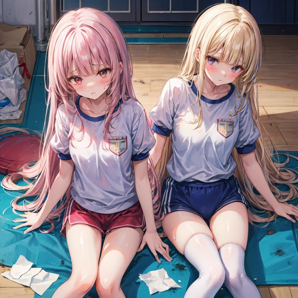 The whole body is covered in oilで光沢感がある　A large amount of rolled up tissue paper,　 There are lots of crumpled, dirty tissues on the ground,　Excessive sweat on the face,Sweat dripping down,Sitting on a dirty bed,　Dirty futon with golden yellow stains　Dirty old gym mat ,Gymnasium Warehouse,　Lots of rolled up tissue paper on the floor ,　Garbage is scattered everywhere,　Very dirty gym mat, 　 Messy room,　Scared　I am going to cry　Embarrassing　Dimly lit room　Hardwood Floors　Scattered rolled tissue paper　White gym wear, Blue Sleeves　Blue Bloomers　high school student　Illustration Style　Anime Style　Small lips　Frightened face　Baby Face　beautiful girl　Very cute clothes　Cheeks pink　Light purple hair　Blonde long hair　super curly hair　Super long sideburns　Rubber clothing　hair band　Wet and see-through pearl white silk tights　White super long boots　Big eyes　Droopy eyes　Stern expression　Shocking Pink Rouge　Sweating profusely　　Crushed tissue paper　The whole body is wet from rain　Mucus clings to the whole body　Steam is emitted from the whole body　Steam rising across the screen.　White Breath　Sigh　The whole body is covered in oil　evening　Overall orange background　Sunset sunshine