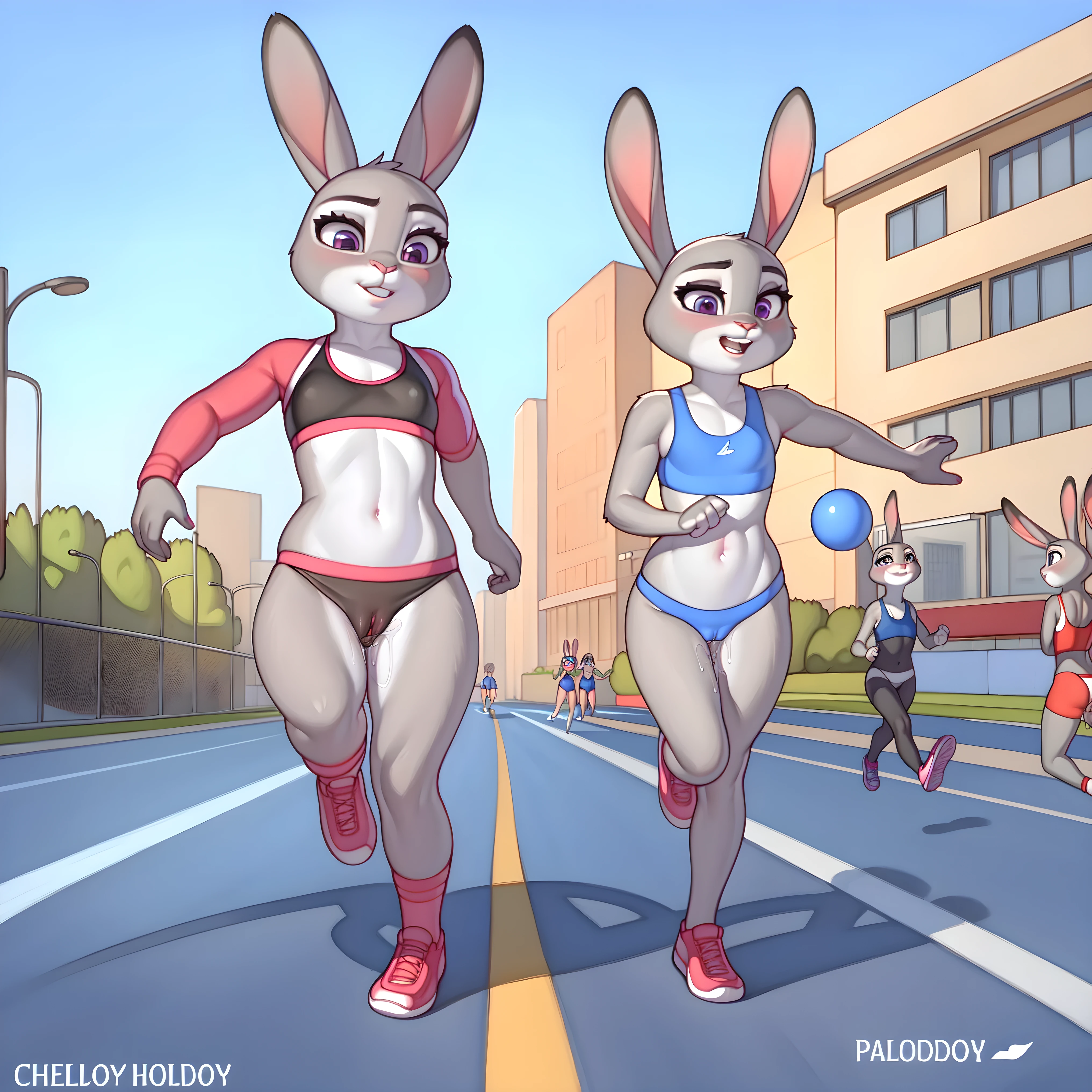 By chelodoy, 2 girls, Judy Hopps , young, small breasts, cameltoe, pussy juice, 4k, ultra quality, sport bra, see-through, black thong , on the street , detailed face, hairy_pussy, running , fingering, kids on the background watching