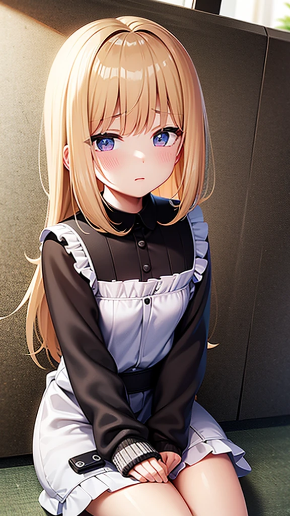 a sad little girl, Sad eyes, I&#39;m about to cry, (Expression of fear), Shy face, A look of horror, 10 years old, actual, (She is wearing loose panties), (city in ruins), Sitting in a shabby old armchair, She wears a protruding, soft underwear, The private parts are completely relaxed, [NFSW,], Face turned to the left, Messy platinum short hair,  Hair tied with a red bow, Detailed face, Freckles, masterpiece,