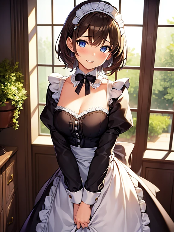 (masterpiece,detailed,Exquisite),1 Girl,(Maid costume:1.3),Brown short hair,Shy laugh,Detailed face,Medium chest,corridor,window,Potted plants,Soft Light