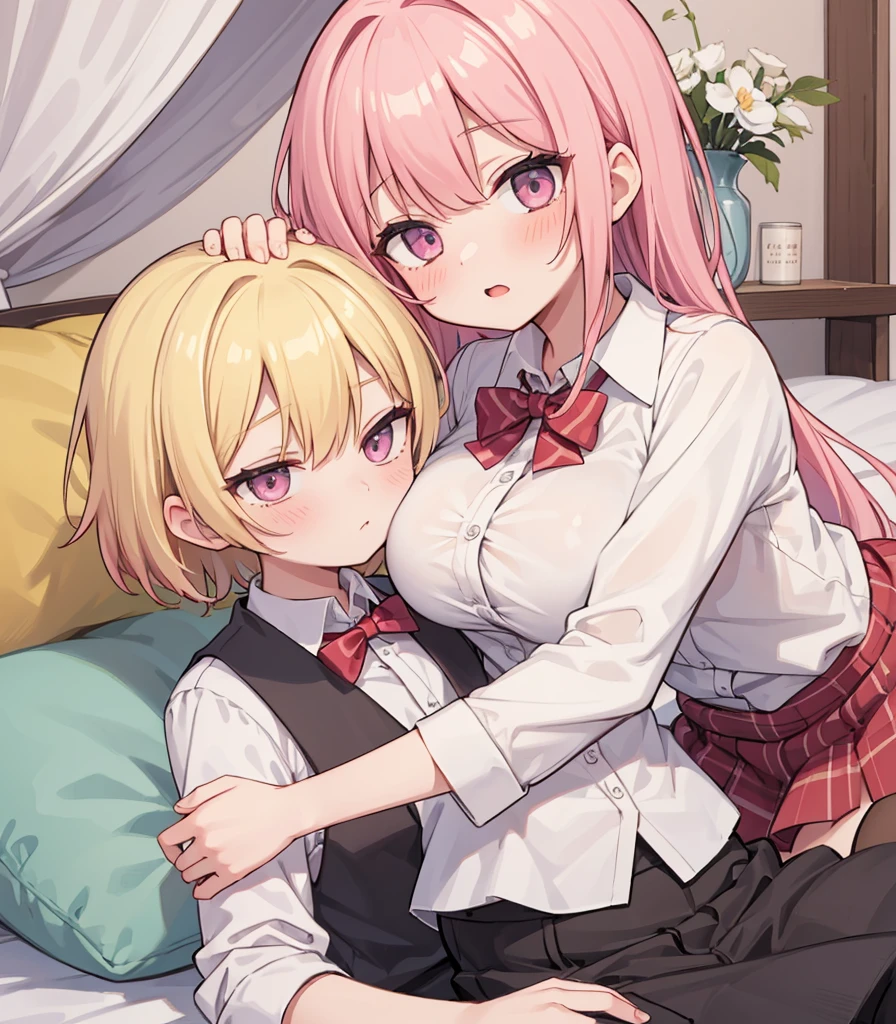 masterpiece, Highest quality, so beautiful, absurdists,High resolution,One girl, One boy,Cuddling in bed, like,sexly,Look at each one, blush,Age difference,bow tie,blondes,chest,Long Hair,Pink Hair,Tucked in shirt,short hair,skirt,Tent shirt,Slut,Big breasted sister and brother,Siblings, trousers,Pushing her big tits against her brother,(My brother&#39;s small erect penis),((((姉のvery huge breasts,Sister crushes her big tits in her brother&#39;s face)))),(((((Very huge breasts))))),(((((small penis,NSFW,Soft Very HUGE breasts))))),((Bursting Breasts,弟の顔を隠すHuge breasts)),((((((((Huge breasts,Large Breasts,とてもLarge Breasts、すごくLarge Breasts、とてつもなくLarge Breasts)))))))),Two people gazing at each other,puffy nipples,(Face crushed by boobs,Huge breastsを弟の体に乗せる,Covering her mouth with her ,Breasts covering the face)),((huge breasts))