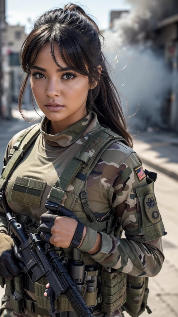 ((​masterpiece、top-quality、realisitic、ultra-detailliert、hight resolution、Photorealsitic、foco nítido、lighting like a movie))、Stunning portrait of a beautiful woman、bustshot、Focus from the chest up、sad Facial expression、Beautiful detailed eyeedium Hair、Army camouflage uniform、Camouflage Tactical Vest、Long trousers with camouflage pattern、Combat gloves、rucksack、Black Military Undershirt, White smoke、Detailed hand depiction、Latina, Gaza city in the backgorund, large breast