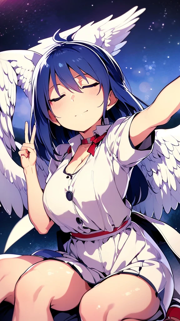 (best quality,4k,8k,highres,masterpiece:1.2), ultra-detailed, highly detailed texture, intricate details, A cute teenage angel with blue eyes, drawn in anime style, 1girl, , , , medium blue hair, hair flaps, pink ribbon on head, well-formed face, blue eyes, angel girl, white blouse, puffy short sleeves, red ribbon, angel wings, long white skirt, red shoes, frills, ribbon head, A pair of angel wings on the back, from behind, to lift up one’s skirt, cowboy shot, from front, standing , raise one leg, crossed arms, arms up behind, arms behind back, hand between legs, put hands hip, one hand on hip, forward hands, arms raised in the air, punch hands, peace sign, waving, put up index finger, sit, lie down, closed eyes, lie face down, looking back, put one hand chest, leaning forward, cleavage, close up, horizontally outstretched arms, horizontally outstretched legs, front view, front face