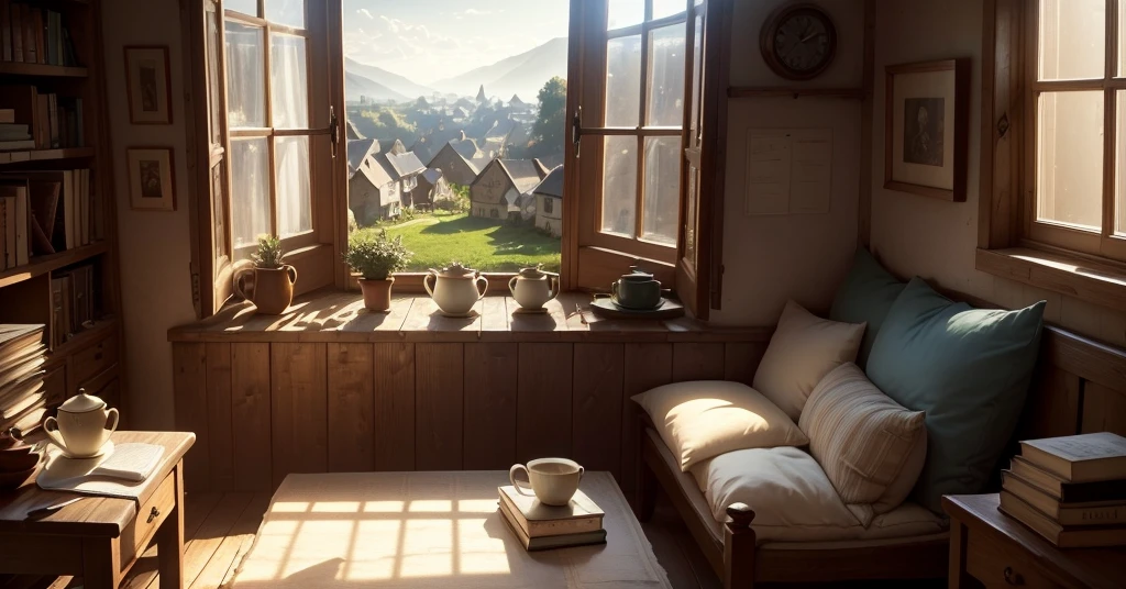 masterpiece, ultra detailed, window, table, на tableе ручка, notebook and cup of tea with bagels, warm soft light from the window, against the background of a book, manuscripts, rustic bed with pillows, village houses are visible in the window