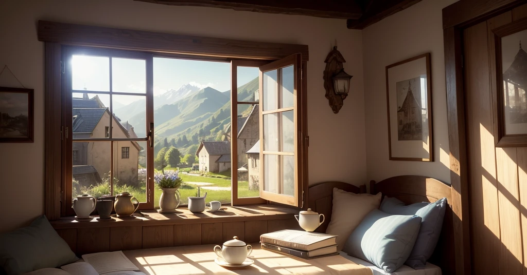 masterpiece, ultra detailed, window, table, на tableе ручка, notebook and cup of tea with bagels, warm soft light from the window, against the background of a book, manuscripts, rustic bed with pillows, village houses are visible in the window