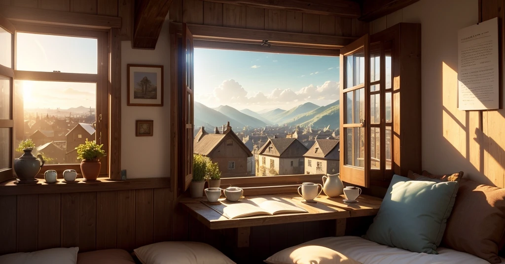 masterpiece, ultra detailed, window, table, на tableе ручка, notebook and cup of tea with bagels, warm soft light from the window, against the background of a book, manuscripts, rustic bed with pillows, village houses are visible in the window