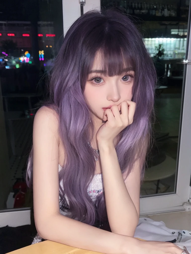 Purple long curly hair,Natural and beautiful hair,The background is simple and clean,