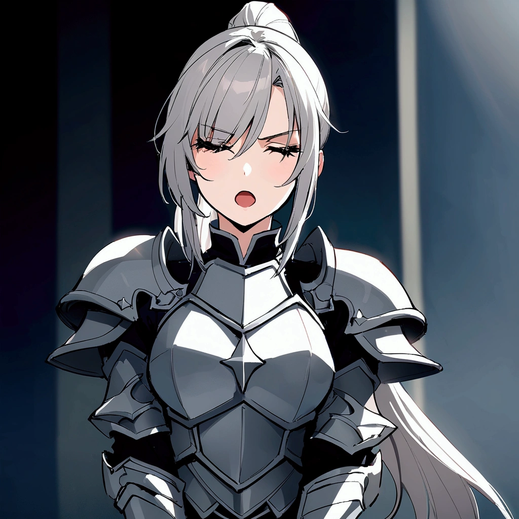 Beautiful girl knight in armor, Gray Hair, fantastic, Face your body forward like a certificate photo, shoot from front, Ponytail, Armor Girl, beautiful female knight, Female Paladin, upper body shot, drawing both arms, closed eyes