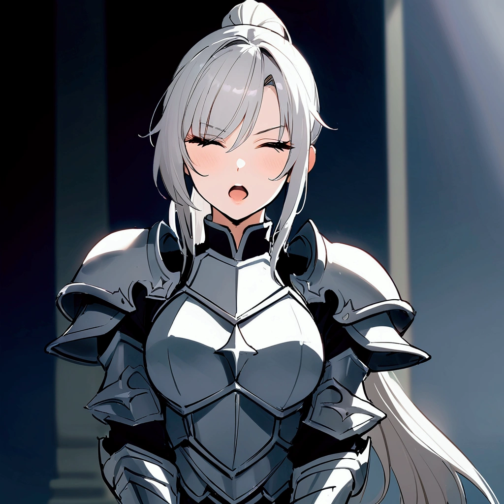 Beautiful girl knight in armor, Gray Hair, fantastic, Face your body forward like a certificate photo, shoot from front, Ponytail, Armor Girl, beautiful female knight, Female Paladin, upper body shot, drawing both arms, closed eyes