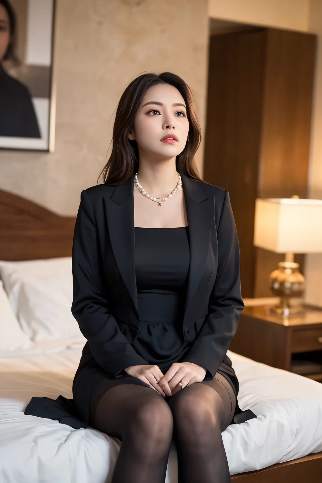((Realistic lighting, Highest quality, 8K, masterpiece:1.3)), Beautiful widow in an elegant black dress, Wearing a black jacket、 (Wearing ultra-realistic pantyhose)、Elegant pearl necklace、Ephemeral expression、Funeral、、sad、Ephemeral、My heart sinks、With Tears、
