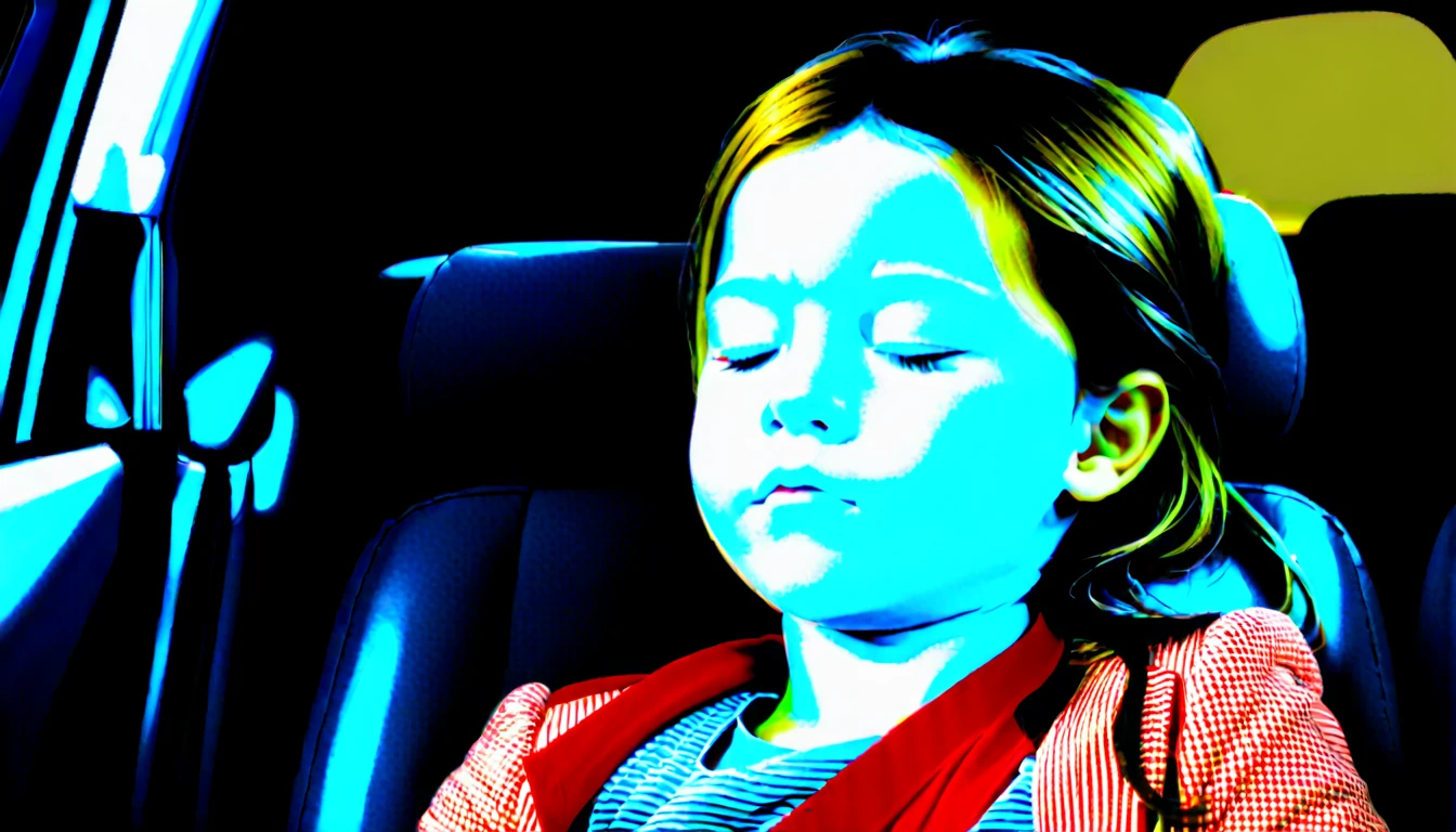 6-year-old girl sleeps with eyes closed in the back seat of car, Natural face, Sleep very sweetly, Dark Blonde，16:9