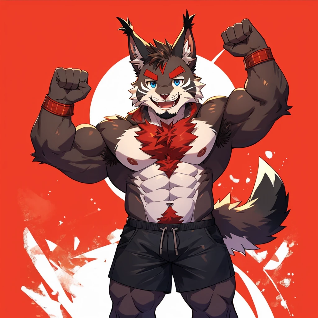 (Furry lynx cat), (chibi), fully covered in black fur, black fur, summer shorts outfit, cute, blue eyes, red ????? hair, red eyebrows, black tail with red tip, red whiskers, happy, smlie, correct ???????, correct hand, ((white background)), (Acting happy), (hands up), enjoy, ((front view)), full body, ????, (flexing), (muscle), black tail, black tail red tail tip, red eyebrows, red ????? hair