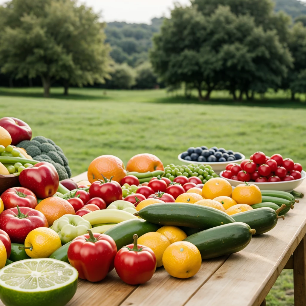 The background is a pastoral blur,Fruits and vegetables on the table,Leave space in the middle of the table,blur background,Image size should be 1600*1600