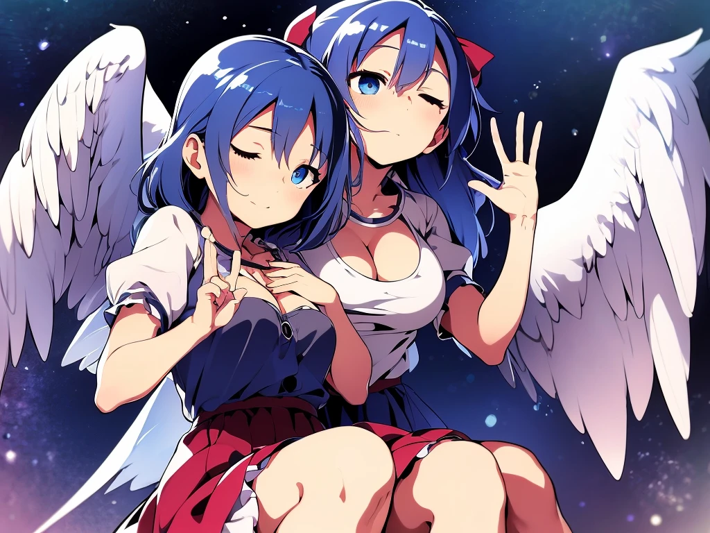 (best quality,4k,8k,highres,masterpiece:1.2), ultra-detailed, highly detailed texture, intricate details, A cute teenage angel with blue eyes, drawn in anime style, 1girl, , , 10 years old, medium blue hair, hair flaps, pink ribbon on head, well-formed face, blue eyes, angel girl, white blouse, puffy short sleeves, red ribbon, angel wings, long white skirt, red shoes, frills, ribbon head, A pair of angel wings on the back, from behind, to lift up one’s skirt, cowboy shot, from front, standing , raise one leg, crossed arms, arms up behind, arms behind back, hand between legs, put hands hip, one hand on hip, forward hands, arms raised in the air, punch hands, peace sign, waving, put up index finger, sit, lie down, closed eyes, lie face down, looking back, put one hand chest, leaning forward, cleavage, close up, horizontally outstretched arms, horizontally outstretched legs, front view, front face