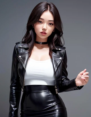 she came in a leather jacket and a tight leather pencil skirt. 