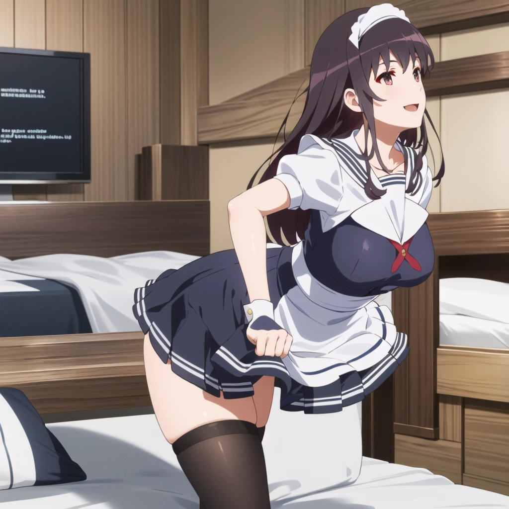 (((Pixel Perfect, Perfect in every detail,nsfw,,clothes lift,large breasts,light smile,dpubic hair,alon,solo focus,clothes lift,1 girl,black thigh-high socks))((((bed room,maid)))),masterpiece, highest quality, High resolution, morning, Long Hair, Black Hair, hair band, , Sailor collar, Blue Blazer, Long sleeve, Pleated skirt, Blue Skirt, Black Pantyhose, Put your arms behind your back, standing, smile, Open your mouth, Leaning forward,