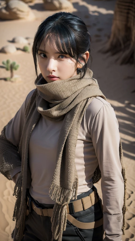 sexy, small breast, gloves, serious face, black cargo pants, shooting, assault rifle, desert scarf, scarf covering mouth, desert oasis, extremely detailed eyes, extremely detailed face, best quality, extremely detailed, one person, one girl, ultra-detailed, (realistic, photo-realistic:1.3)