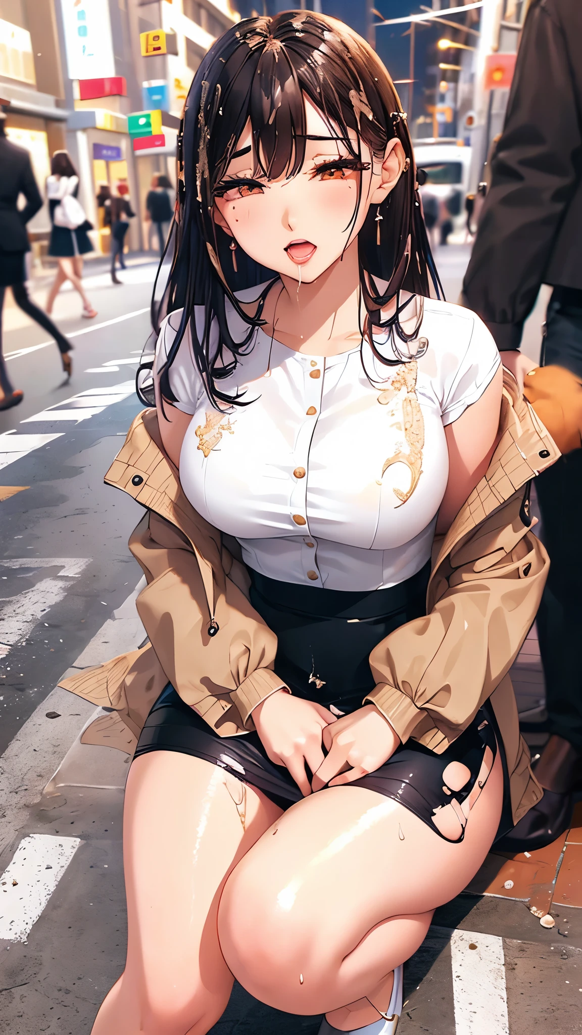 /quality
(masterpiece,best quality,High resolution,高quality,Realistic)

/HairstylesStraight Hair

/Clothes
(Pencil Skirt,Job interview suit,blouse,Jacket,Torn pantyhose:1.5,Earrings)

/Pose Crouching,sit
Leaning against a wall,
Spread your legs:1.5

(Ahegao,orgasm,vapor:1.5,Wish:1.5),

/Other Crowds:1.5,Fair skin,Feet Focus,Leaning against a wall,male,hand of:1.5,night, roadside,ID card,White chocolate:1.5