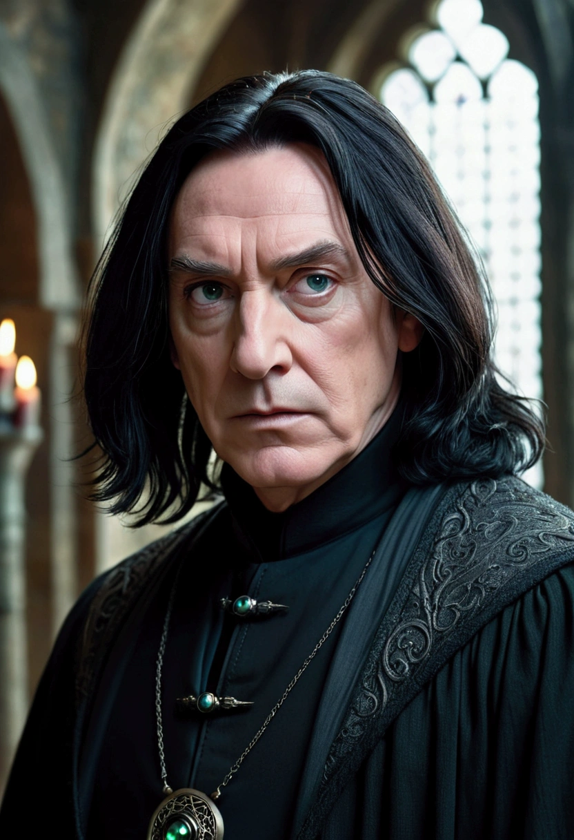 a detailed portrait of severus snape, mature man with a serious expression, long black hair, prominent nose, piercing eyes,intricate detailed face,dark wizard robes, traveling through a time portal, medieval castle background, dramatic lighting, cinematic composition, muted color palette, dark fantasy atmosphere