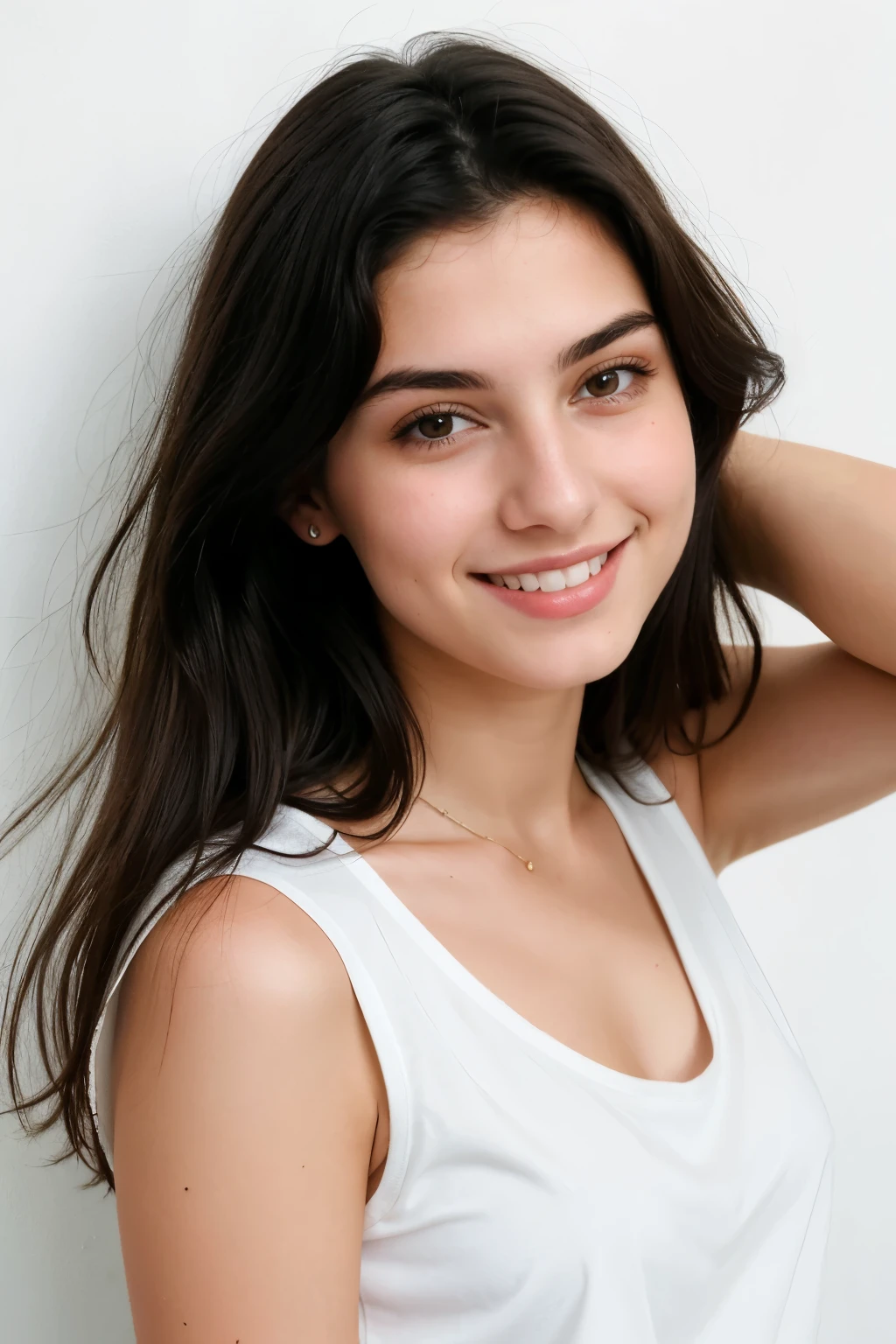 A 18-year-old dark hair Italian woman posing in the room, close up, smiling, dressed in casual shorts and top, posing, on the wall white background, altura 170cm, hyperrealistic face, Detailed pretty face, normal nose size, pale skin, daytime photo, photo polaroid, small size chest,