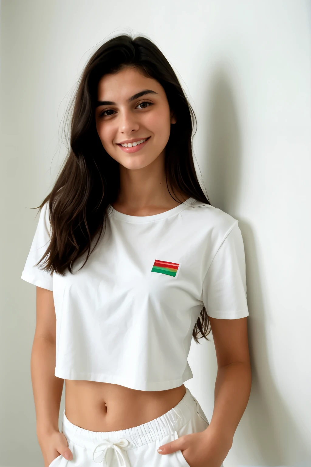 A 18-year-old dark hair Italian woman posing in the room, close up, smiling, dressed in casual shorts and top, posing, on the wall white background, altura 170cm, hyperrealistic face, Detailed pretty face, normal nose size, pale skin, daytime photo, photo polaroid, small size chest,
