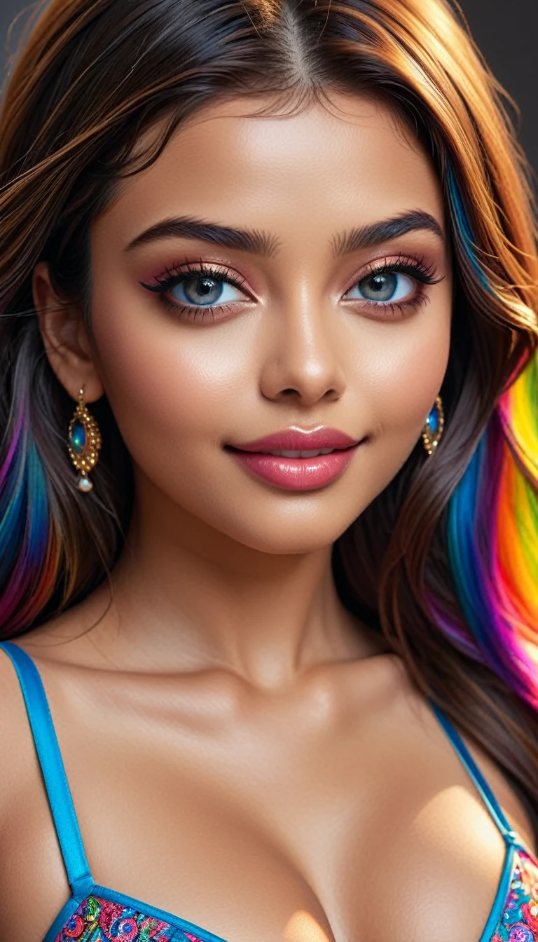 Aishlane raideau is a girl, (aishwarya rai: 0.5),(thylane blondeau:0.5),highly realistic uhd photo, meticulous details,8k, uhd , (full body shot with whole body in frame :1.5), 1girl, 18 years, long hairs, dark_skin, eyes, (wearing sexy colourful loungerie:1.5), ( posing seductively :1.5), highly detailed glossy_eyes,highly detailed realistic shiny_skin,skin_pores,looking at the camera, naughty smile and seductively biting her lower lips,highly detailed lips, dslr,sharp focus