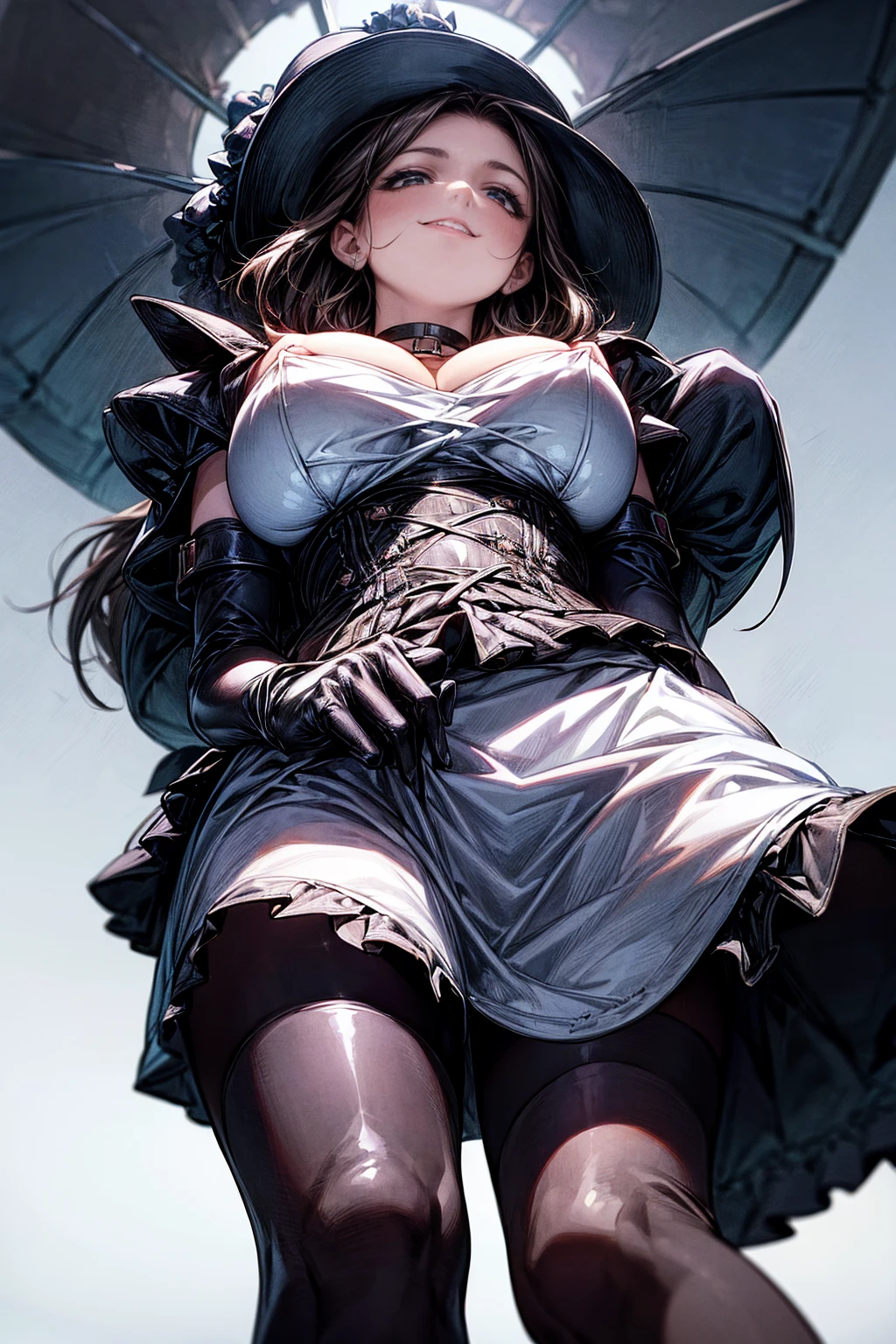 (Super big breasts:1.5)、Abusive smile、View Viewer、(Looking up from below:2)、（Sadistic woman posing:2)、High-leg bondage、Plain black stockings、Enameled knee-high socks、Enamel Long Gloves、Ultra glossy、Shiny skin、Detailed picture、girl、25-year-old woman、Crotch line、Love juice、Erect nipples、Big nipple piercings、choker