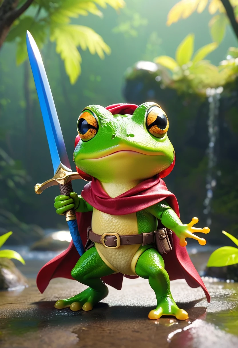 Esbian all over、Cool Frog、Pop Frog、Diorama、Simple Background、bandana、Holding a big sword in his hand、Brave、Cape、Best Quality, Capture the cutest moments, Depth of written boundary, Super detailed, Ultra-high resolution, Octadale, 8k, 16km race