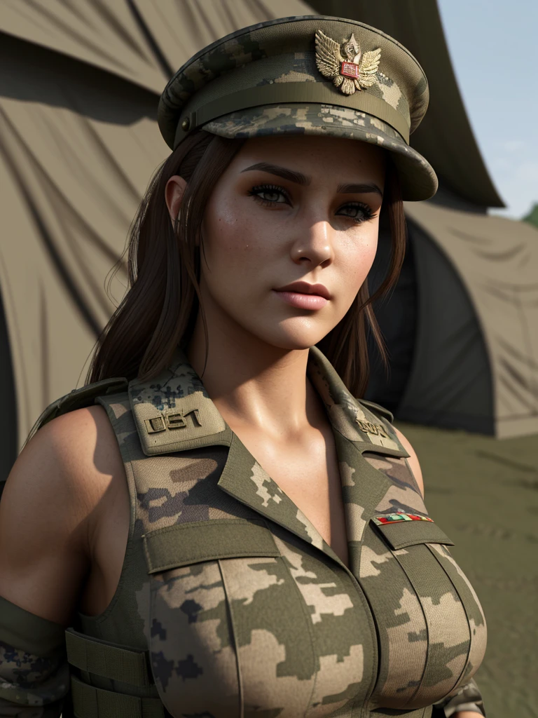 3d boxy style, An image of a busty military officer, woman, brunette hair, gorgeous, military hat, cleavage, camo vest, in a camp, (detailed skin complexion:1.2), best quality, deep color, rtx shading effect, ambient occlusion, highly detailed textures
