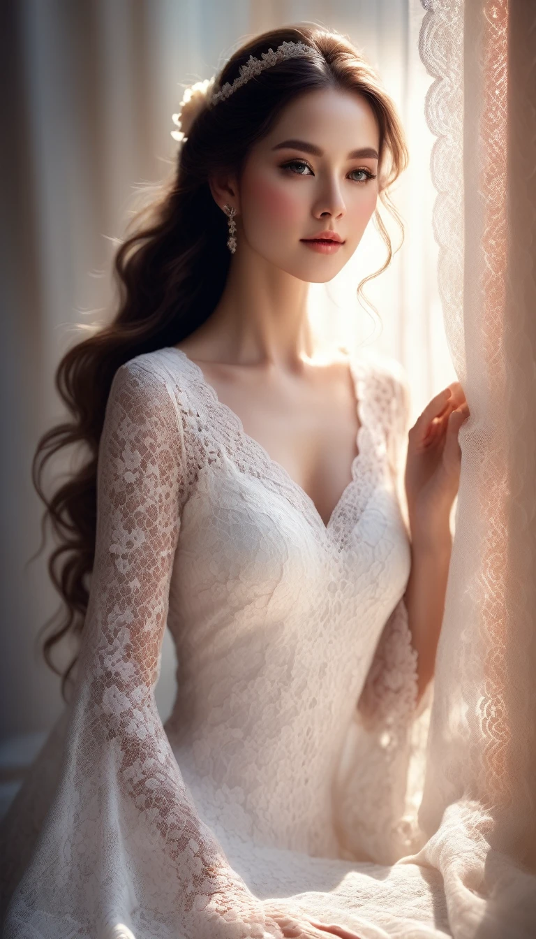 White lace, 美しいWhite laceのドレス, Elegant woman, Long Hair, Soft lighting, Graceful pose, Detailed Flowers, Complex lace pattern, Sheer fabric, Glowing Skin, Calm expression, Ethereal atmosphere, Subtle details, high quality, Digital Art, Realistic, Cinema Lighting, Warm color palette, Dramatic Shadows, Stunning beauty
