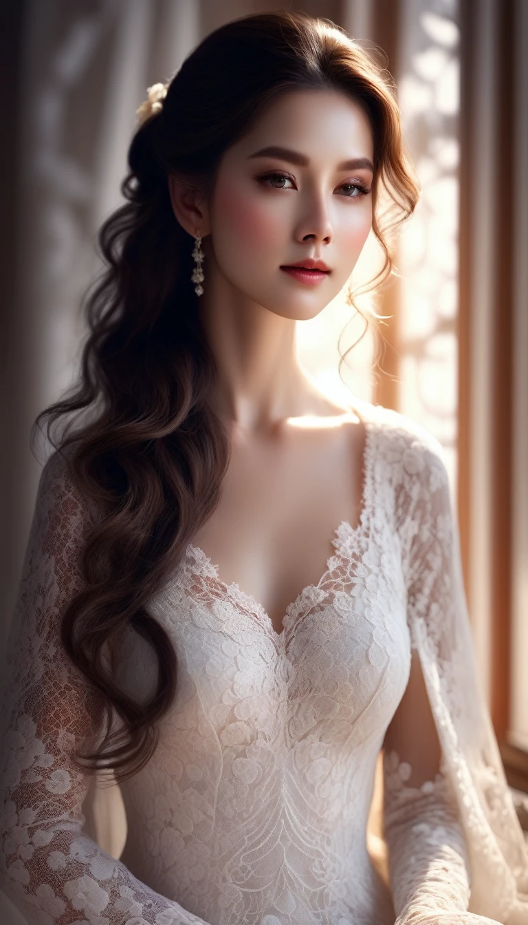 White lace, 美しいWhite laceのドレス, Elegant woman, Long Hair, Soft lighting, Graceful pose, Detailed Flowers, Complex lace pattern, Sheer fabric, Glowing Skin, Calm expression, Ethereal atmosphere, Subtle details, high quality, Digital Art, Realistic, Cinema Lighting, Warm color palette, Dramatic Shadows, Stunning beauty