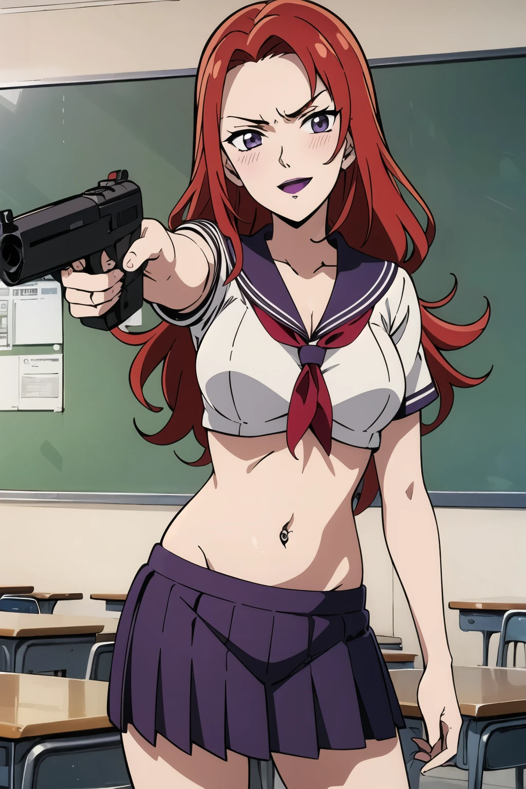 ((masterpiece,high quality,4k)),beutiful women,beautiful delicated eyelashes,red hair,(purple lips),wavy hair, blush, lipstick, Hot girl, baddie, staring, glaring, bad attitude, mean girl, dare, angry, hate, crazy, smoking, sensual, attractive, masterpiece, best quality, highly detailed, a anime girls in sailor uniforms with a gun posing for a picture,
evil smile, smile, open mouth,black_serafuku, ecchi anime style, anime girls ,
ecchi style, ecchi, shipgirls, digital anime art!!, high school girls, in anime style, official artwork, beautiful
anime high school girl, anime style 4 k, micro skirt, exposed belly, exposed navel, exposed midriff,
exposed lower belly,school, classroom, large breast, navel piercing