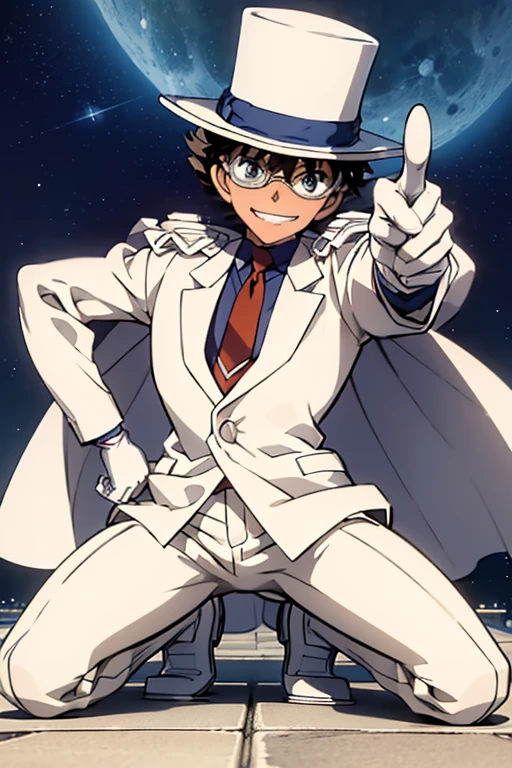 Super detailed,(masterpiece,4K),White suit,silk hat,((1 boy)),Detective Conan: Kaitou ???,White Cape,White leather shoes,White gloves,rooftop,Moonlit Night,Pointing a Gun,Get down on one knee,glasses,Grin