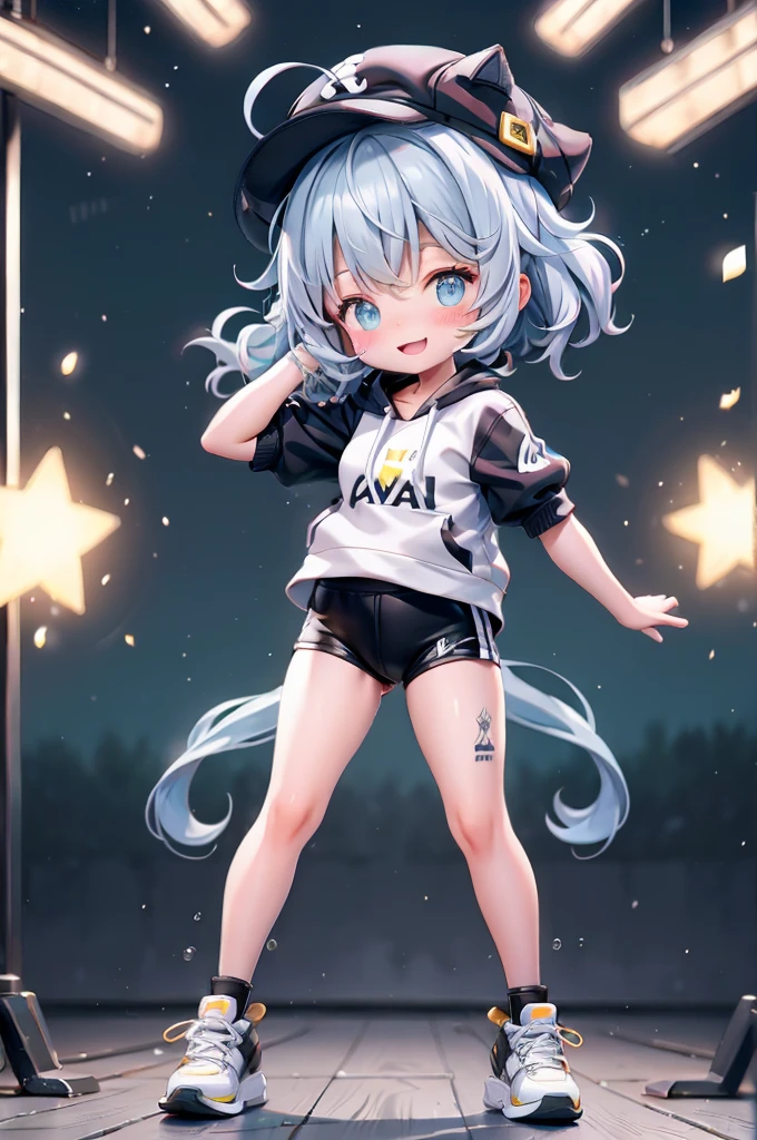 (((((whole body)))))、Lingwu Road Sky, 10 years old,Very short stature,Thin thighs,Very cute gym clothes 、smile,、Cowboy Shot、Stylish pose、Bruises and gestures,
