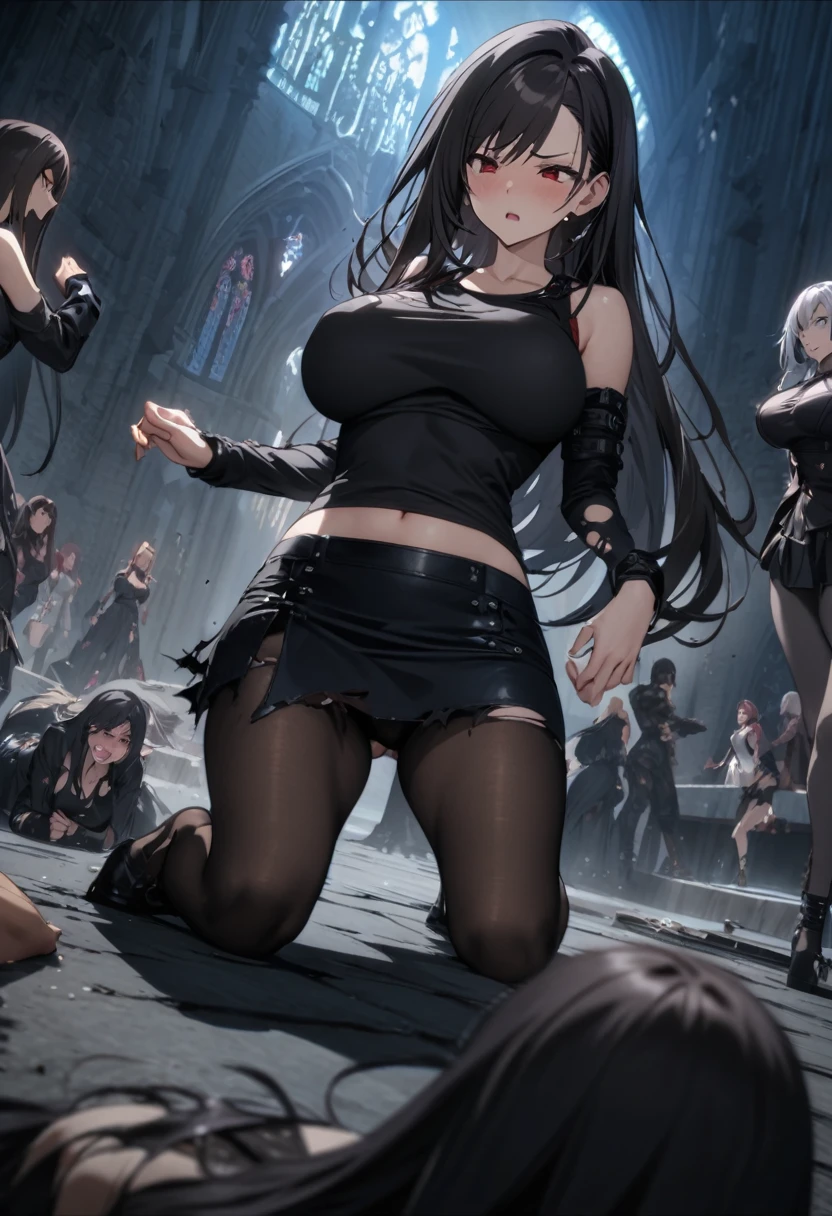 masterpiece, 最high quality, High resolution, Final Fantasy 7、Tifa Lockhart、Black torn clothes 、Black ripped pantyhose、Dark church at night、sexy、Wearing a mini skirt、Thin legs、Big Breasts、Slim figure、high quality　CG Tone、Black panties、Surrounded by sadistic women、黒いsexyな服、A pinch、Black long hair、Fighting with women、Kneel on the ground、Damage、Tattered、Low - Angle、Painful expression