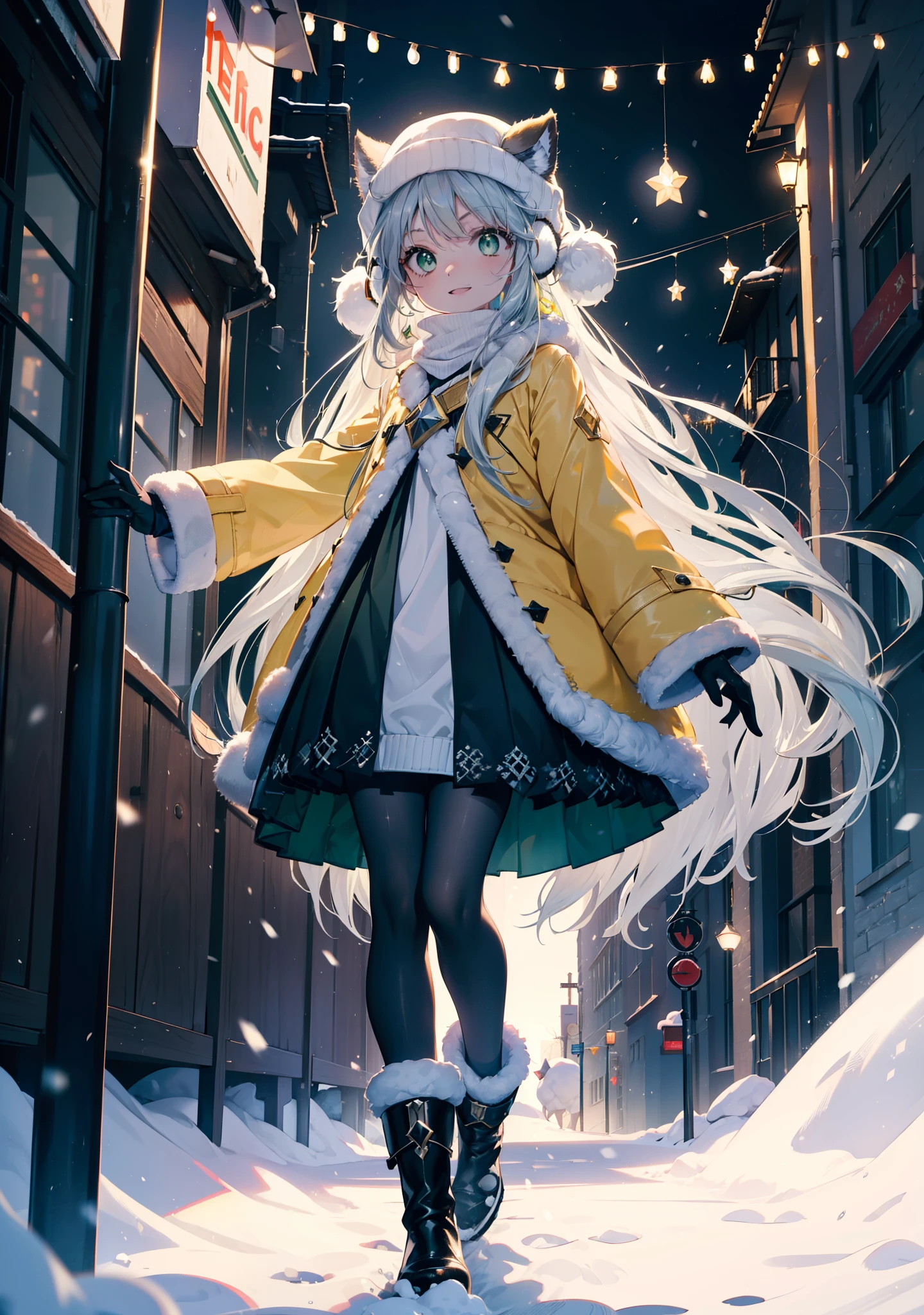 index, index, (Green Eyes:1.5), Silver Hair, Long Hair, (Flat Chest:1.2),happy smile, smile, Open your mouth,Knitted hat,Yellow long coat,White Tokkuri Sweater,Earmuffs,Red baggy gloves,White scarf,Black long skirt,Black pantyhose,short boots,Walking,Snow is piled up,It&#39;s snowing,Snow Scene,Shirogane World,night,moonlight,Let the world enter your illustrations,
break looking at viewer, whole body,
break outdoors, Snow Country,Residential Street,
break (masterpiece:1.2), Highest quality, High resolution, unity 8k wallpaper, (figure:0.8), (Beautiful attention to detail:1.6), Highly detailed face, Perfect lighting, Highly detailed CG, (Perfect hands, Perfect Anatomy),