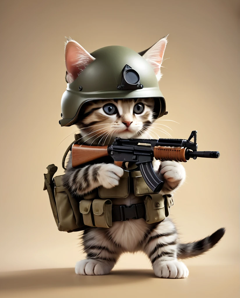 4K Kitten training for combat He has a rifle. wearing a helmet