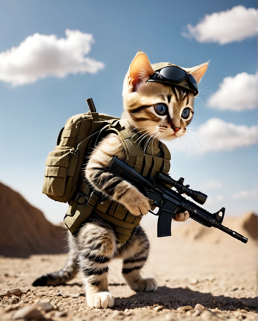 4K Kitten training for combat He has a rifle. wearing a helmet