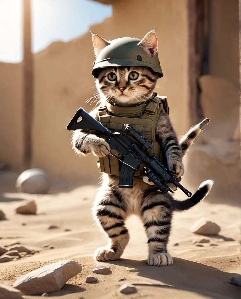 4K Kitten training for combat He has a rifle. wearing a helmet